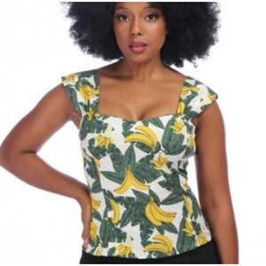 Collectif Jill Tropical Banana Top‎ Medium Novelty Print Cap Sleeve Cotton Blend